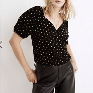 Madewell Corduroy Puff-Sleeve Wrap Top Oval Dot Black